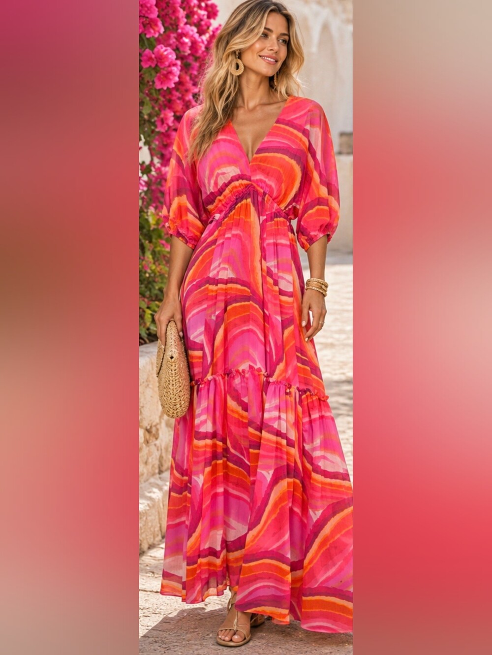 Taylor Size 6 Pink Orange Abstract Maxi Dress NWT V Neck Tiered Resort
